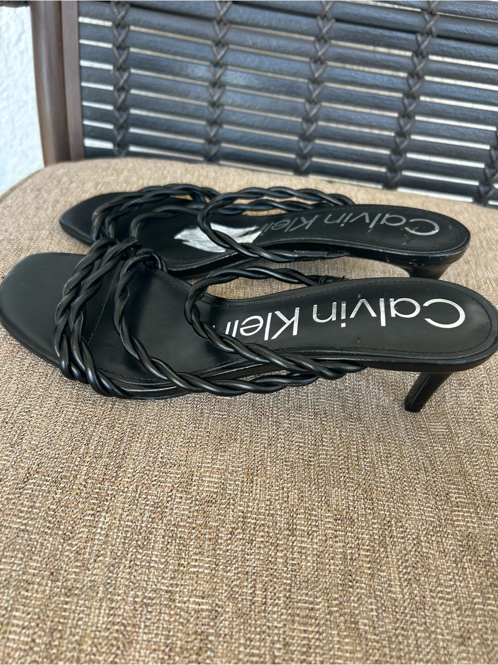 Calvin Klein Black Braided-Strap Mid Heel Sandals